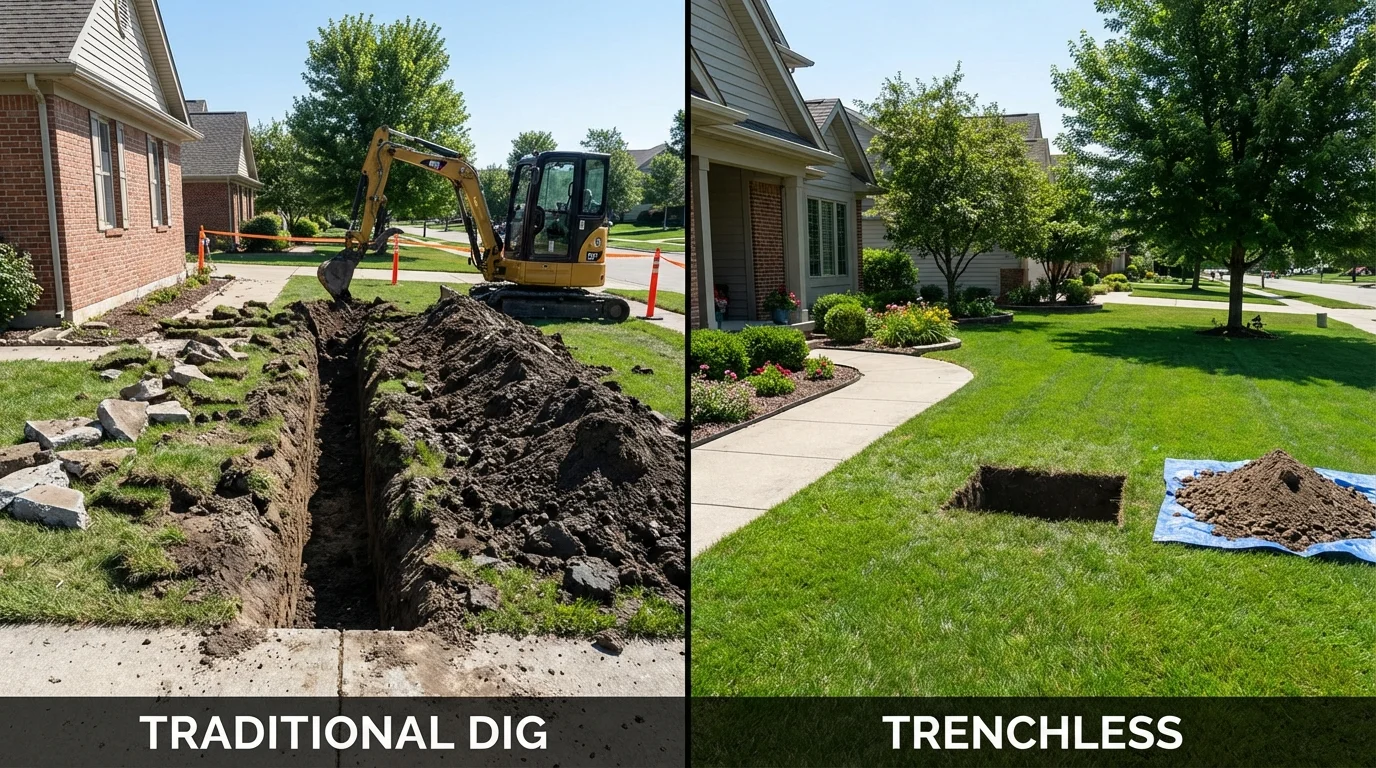 Trenchless sewer repair with minimal yard damage versus traditional excavation in Gregory, TX